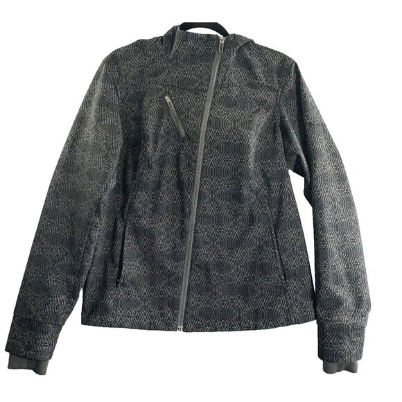 COLUMBIA Women Hooded Diamond Print Coat Softshell Asym Zipper Sz M Gray 18-15 - Picture 1 of 14